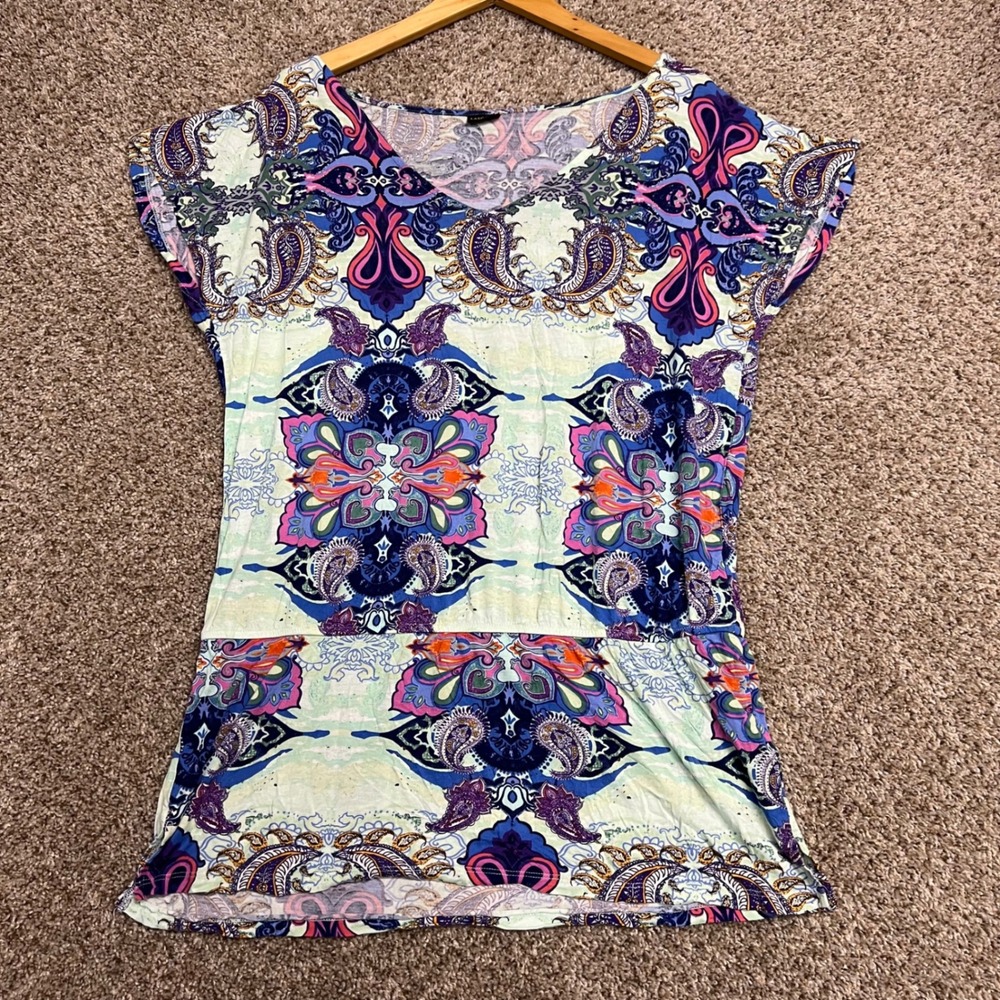 Lascana for Venus Womens Paisley Medallion V-Neck Tunic Top Blue Purple XL